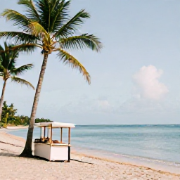Caribbean Holidays, Puerto Rico Nature, Relaxed Puerto Rico nature holiday scene with a sandy beach, palm trees, calm Caribbean water and a small local food stall