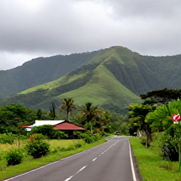 Caribbean Holidays, Puerto Rico Nature, Scenic mountain road through the green central highlands of Puerto Rico, with a small coffee farm and cloudy hills in the distance