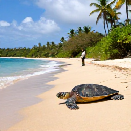 Caribbean Holidays, Puerto Rico Nature, Sea turtle conservation scene on a Puerto Rico beach in January, with a quiet sandy shore, tropical vegetation and a ranger observing from a respectful distance