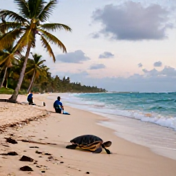 Caribbean Holidays, Puerto Rico Nature, Sea turtle nesting beach in Puerto Rico at dusk, with gentle waves, palm trees and conservation volunteers working quietly