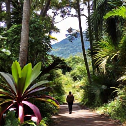 Caribbean Holidays, Puerto Rico Nature, Traveller walking beneath tall trees on a shaded trail in El Yunque National Forest, Puerto Rico, with tropical plants and distant mountain views