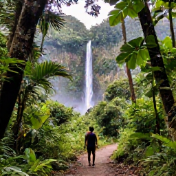 Caribbean Holidays, Puerto Rico Nature, Traveller walking beneath tropical trees on a shaded trail in El Yunque National Forest, Puerto Rico, with waterfalls and green mountains nearby