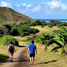 Caribbean Holidays, Puerto Rico Nature, Travellers walking through a sunny Puerto Rican landscape with tropical hills, native plants and a distant coastline