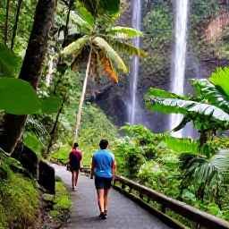 Caribbean Holidays, Puerto Rico Nature, Visitors walking along a rainforest path in El Yunque National Forest, surrounded by waterfalls, palms and tropical greenery