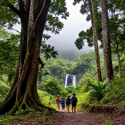 Caribbean Holidays, Puerto Rico Nature, Visitors walking beneath giant trees on a rainforest trail in El Yunque National Forest, Puerto Rico, with mountain mist and a small waterfall