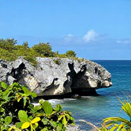Caribbean Holidays, Puerto Rico Nature, Wild coastal landscape in Puerto Rico with limestone cliffs, tropical vegetation, sea birds and a bright blue Caribbean horizon