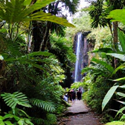 Caribbean Holidays, Puerto Rico November, A peaceful Puerto Rico rainforest trail with lush green foliage, a small waterfall and visitors exploring in warm November weather