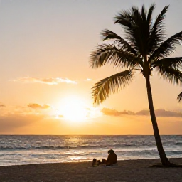 Caribbean Holidays, Puerto Rico November, A relaxed Puerto Rico beach at sunset with golden light, palm trees and a couple enjoying a peaceful all-inclusive holiday