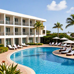 Caribbean Holidays, Puerto Rico November, A stylish all-inclusive resort in Puerto Rico with a swimming pool, loungers, tropical gardens and guests enjoying the November sunshine