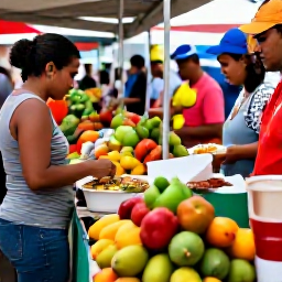 Caribbean Holidays, Puerto Rico November, Busy San Juan market with tropical fruit, local dishes and friendly people enjoying Puerto Rican food