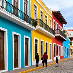 Caribbean Holidays, Puerto Rico November, Colourful Old San Juan street with bright colonial buildings, balconies, cobbled paving and visitors enjoying a warm November afternoon