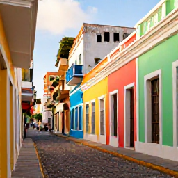 Caribbean Holidays, Puerto Rico November, Colourful Old San Juan street with pastel colonial buildings, cobbled pavement and warm November sunshine