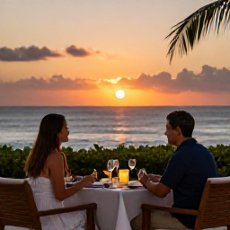 Caribbean Holidays, Puerto Rico November, Couple enjoying a relaxed sunset dinner at an adults-only Puerto Rico resort overlooking the sea