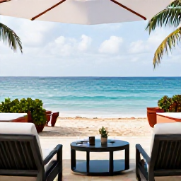 Caribbean Holidays, Puerto Rico November, Elegant adults-only resort terrace overlooking a calm Caribbean beach near San Juan, Puerto Rico
