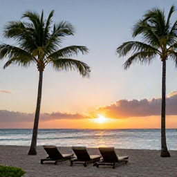 Caribbean Holidays, Puerto Rico November, Elegant Puerto Rico beach resort at sunset in November, comfortable loungers, palm trees and calm Caribbean water