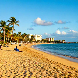 Caribbean Holidays, Puerto Rico November, Golden sandy beach near San Juan with calm turquoise water, palm trees and visitors relaxing in November sunshine