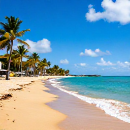 Caribbean Holidays, Puerto Rico November, Golden sandy beach with clear turquoise water and palm trees on the Puerto Rico coast