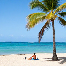 Caribbean Holidays, Puerto Rico November, Quiet Puerto Rican beach with turquoise water, palm trees and a traveller relaxing after a day of cultural sightseeing