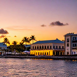 Caribbean Holidays, Puerto Rico November, San Juan waterfront at sunset with historic buildings, palm trees and a relaxed Caribbean evening atmosphere