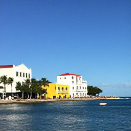 Caribbean Holidays, Puerto Rico November, Sunny San Juan waterfront in November, colourful colonial buildings, palm trees, calm blue Caribbean sea and relaxed visitors