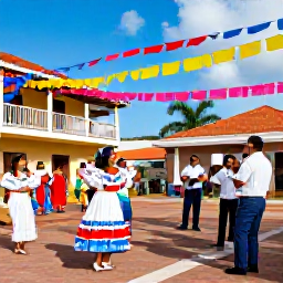 Caribbean Holidays, Puerto Rico November, Traditional Puerto Rican festival scene in November with musicians, dancers, colourful decorations and families celebrating in a town plaza