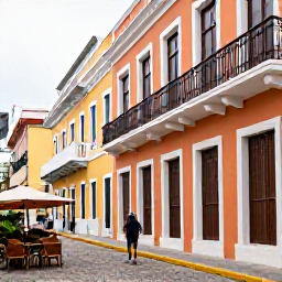 Caribbean Holidays, Puerto Rico November, Traveller walking through Old San Juan, colourful Spanish colonial facades, cobbled street, balconies and welcoming cafes