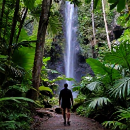 Caribbean Holidays, Puerto Rico November, Tropical Puerto Rican rainforest in November, visitor on a forest trail near a waterfall, lush foliage and natural light