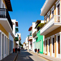 Caribbean Holidays, Puerto Rico November, Visitors walking through colourful Old San Juan streets with historic buildings and balconies in November sunshine