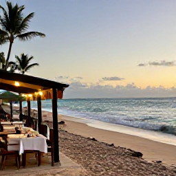 Caribbean Holidays, Puerto Rico October, A relaxed Puerto Rican seaside evening in October with a sandy beach, gentle waves, warm sunset light and outdoor dining