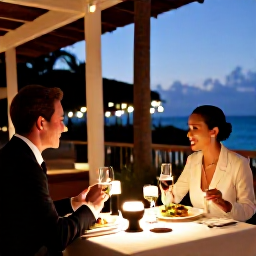 Caribbean Holidays, Puerto Rico October, Adults-only Puerto Rico resort restaurant serving elegant Caribbean dinner on a warm October evening
