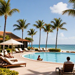 Caribbean Holidays, Puerto Rico October, An elegant all-inclusive resort in Puerto Rico with a palm-lined pool, comfortable loungers and guests enjoying a peaceful October afternoon
