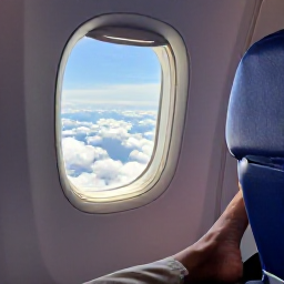 Caribbean Holidays, Puerto Rico October, Business class passenger relaxing in a comfortable airline seat on a flight to Puerto Rico, with a view of Caribbean clouds through the window