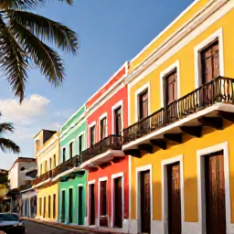 Caribbean Holidays, Puerto Rico October, Colourful colonial streets in Old San Juan, Puerto Rico, with bright buildings, balconies and palm trees under warm October sunshine