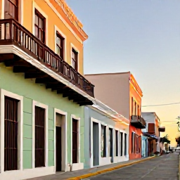 Caribbean Holidays, Puerto Rico October, Colourful colonial streets in Old San Juan, Puerto Rico, with pastel buildings, balconies and warm evening light