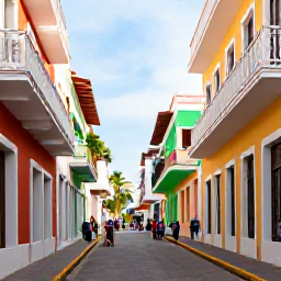Caribbean Holidays, Puerto Rico October, Colourful historic street in Old San Juan with pastel buildings, balconies and visitors exploring in October