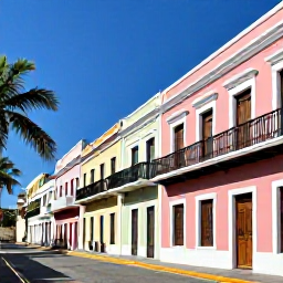 Caribbean Holidays, Puerto Rico October, Colourful historic streets of Old San Juan in October sunshine, with pastel buildings, balconies and palm trees
