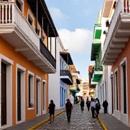 Caribbean Holidays, Puerto Rico October, Colourful Old San Juan street in October with Spanish colonial buildings, balconies, cobbled paving and visitors exploring in warm sunshine