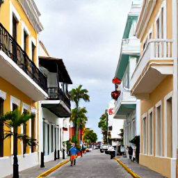 Caribbean Holidays, Puerto Rico October, Colourful Old San Juan street in October with Spanish colonial buildings, balconies, tropical plants and visitors exploring on foot
