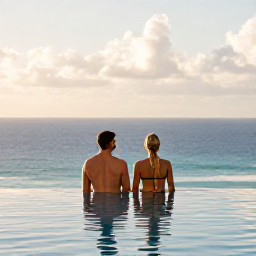 Caribbean Holidays, Puerto Rico October, Couple relaxing beside an adults-only infinity pool at a Puerto Rico resort in warm October sunshine