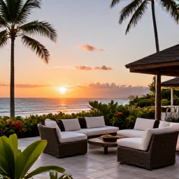 Caribbean Holidays, Puerto Rico October, Elegant Puerto Rico resort terrace at sunset in October, with comfortable seating, tropical plants and views across the sea