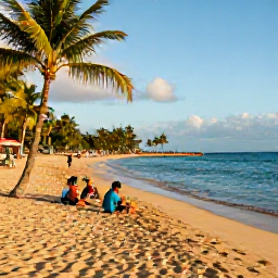 Caribbean Holidays, Puerto Rico October, Golden sandy beach near San Juan with palm trees, calm turquoise water and adults enjoying a relaxing October afternoon