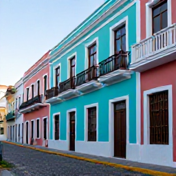 Caribbean Holidays, Puerto Rico October, Old San Juan street with bright pastel buildings, balconies, cobbled pavement and historic Spanish architecture in warm evening light