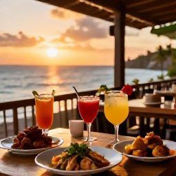 Caribbean Holidays, Puerto Rico October, Outdoor Caribbean restaurant at sunset in Puerto Rico, with local dishes, colourful cocktails and friendly holiday atmosphere
