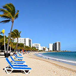 Caribbean Holidays, Puerto Rico October, Palm-lined Condado beach in San Juan, Puerto Rico, with turquoise water, sun loungers and a city skyline