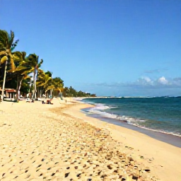 Caribbean Holidays, Puerto Rico October, Quiet golden beach in Puerto Rico in October, with turquoise water, palm trees and a few relaxed visitors
