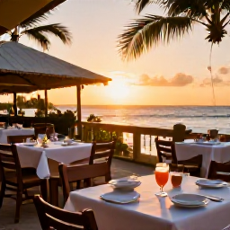 Caribbean Holidays, Puerto Rico October, Relaxed Puerto Rican seaside restaurant at sunset in October, outdoor tables, local food, palm trees and a warm Caribbean atmosphere