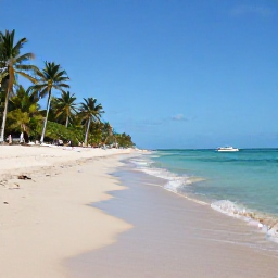 Caribbean Holidays, Puerto Rico October, Relaxed tropical beach in Puerto Rico with turquoise water, soft sand, palm trees and a small boat offshore