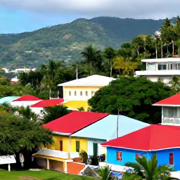 Caribbean Holidays, Puerto Rico October, Scenic Puerto Rico cultural journey through a mountain town with colourful houses, tropical greenery and distant Caribbean hills