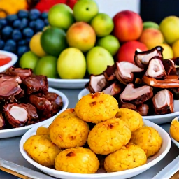 Caribbean Holidays, Puerto Rico October, Traditional Puerto Rican food market with mofongo, roasted pork, pastel&oacute;n, tropical fruit and colourful local produce
