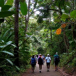Caribbean Holidays, Puerto Rico October, Tropical rainforest trail in El Yunque National Forest with lush greenery and visitors walking in October